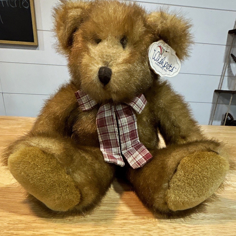 Wishpets Cinnamon 15in Brown Plush Teddy Bear w/ Plaid Bow, MPN 42931 (2000)